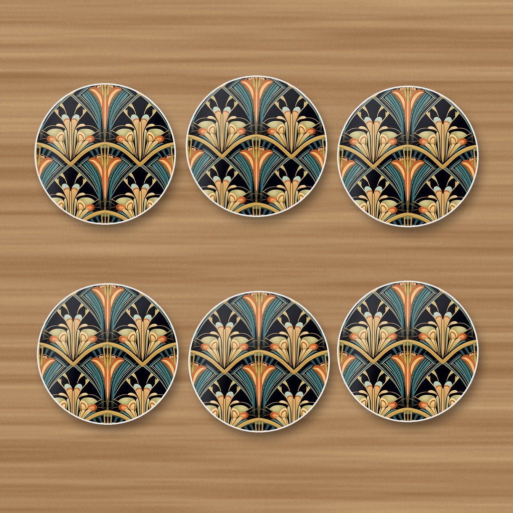 Art Deco Fan Pattern round ceramic coasters, set of 6, on an oak coffee table