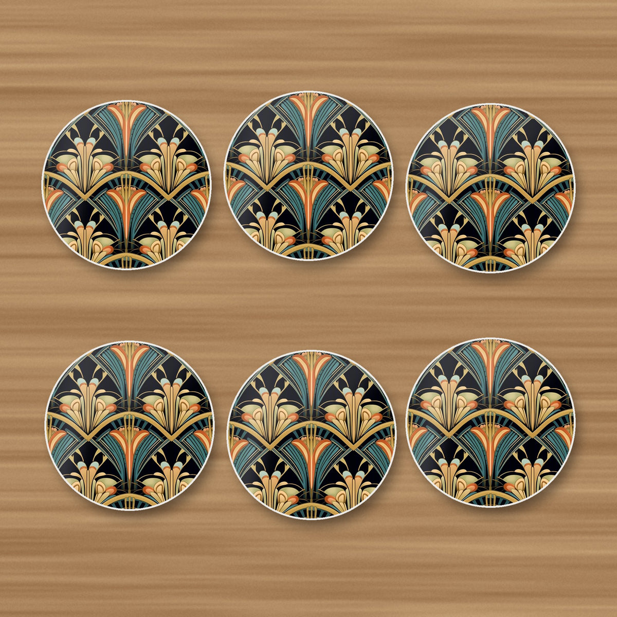 Art Deco Fan Pattern round ceramic coasters, set of 6, on an oak coffee table