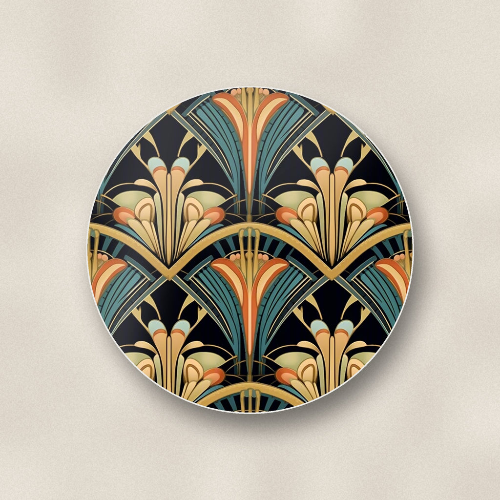 Close-up of one art deco fan pattern round ceramic coaster, flat UV print