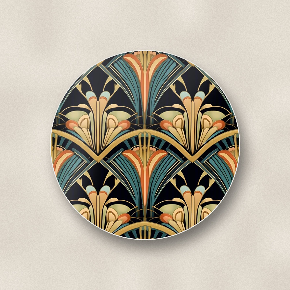 Close-up of one art deco fan pattern round ceramic coaster, flat UV print