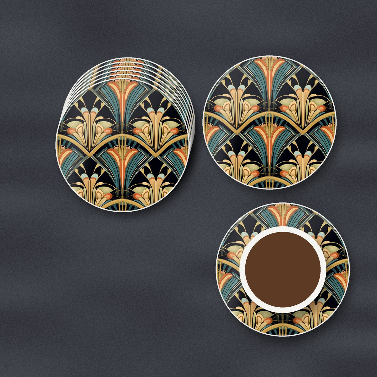 Art Deco Fan Pattern round ceramic coasters stacked on a slate kitchen worktop