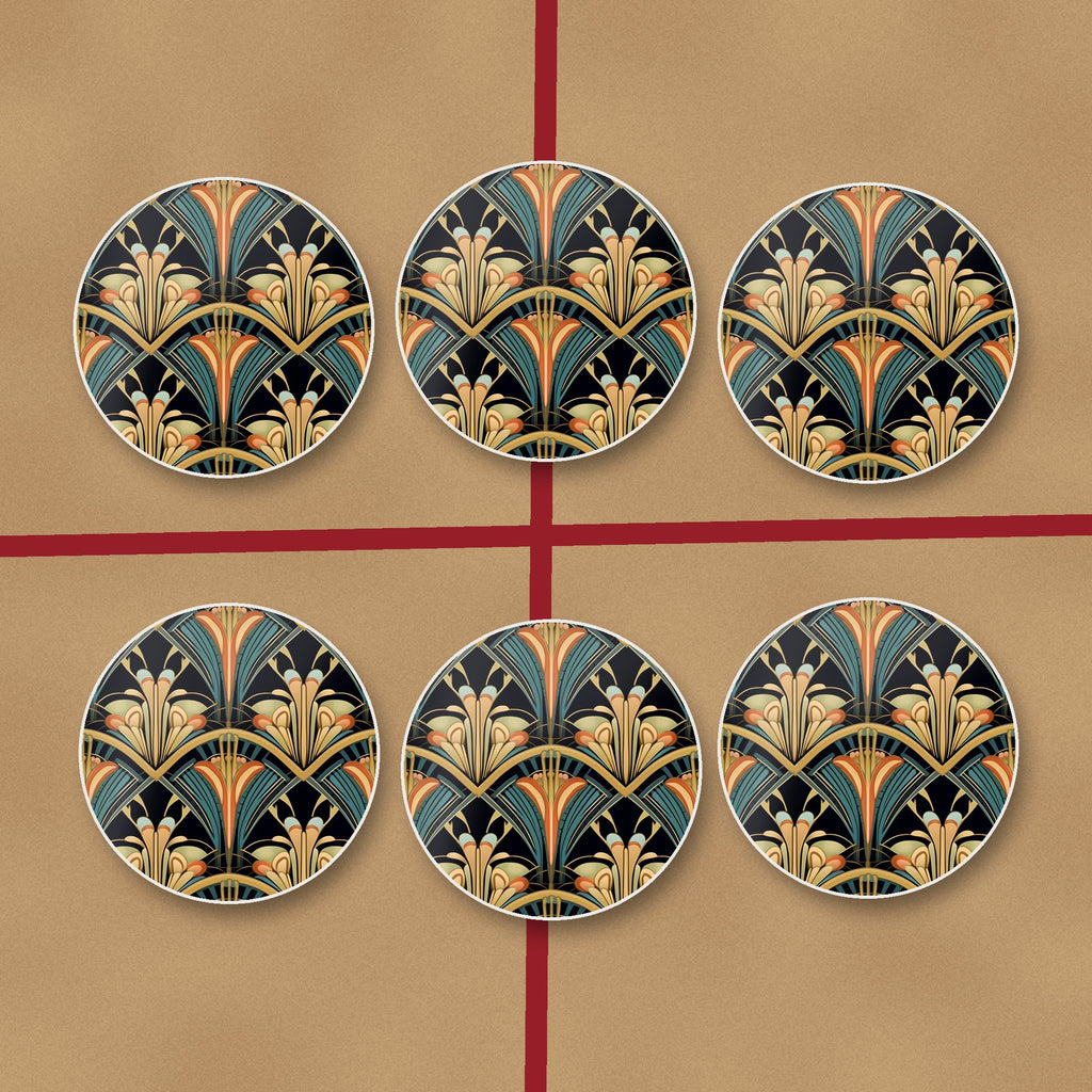 Art Deco Fan Pattern round ceramic coasters on kraft gift wrap