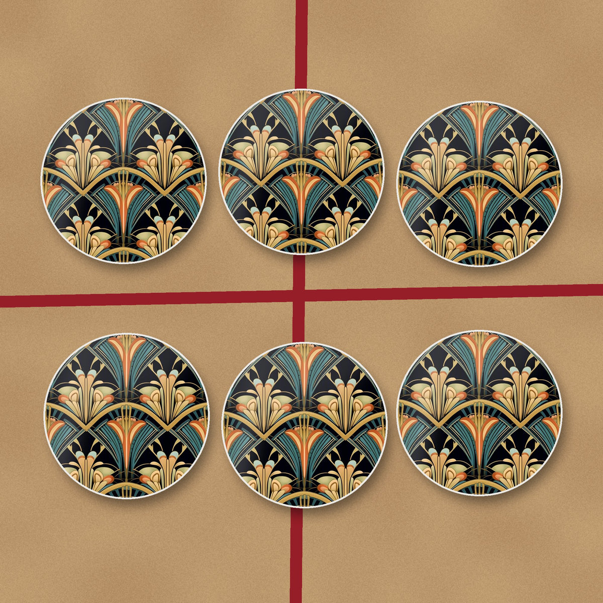 Art Deco Fan Pattern round ceramic coasters on kraft gift wrap