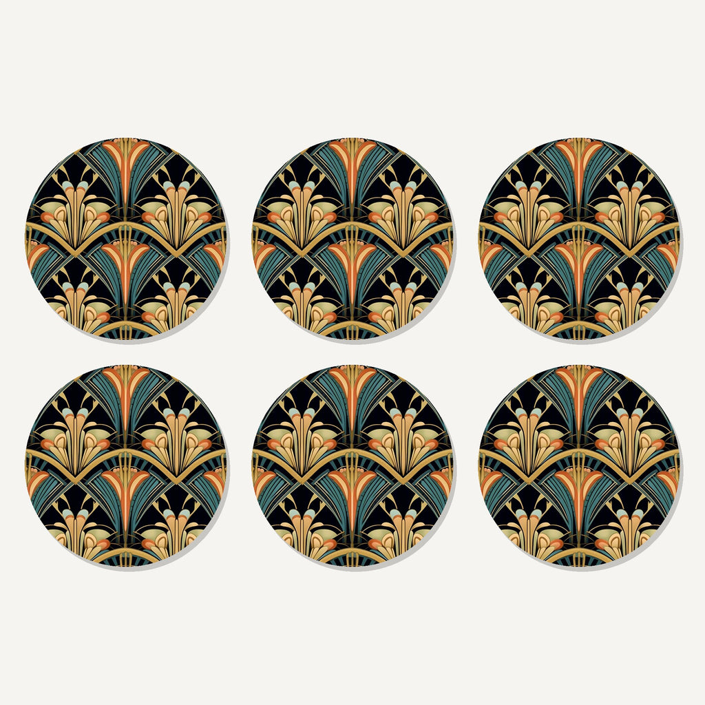 Flat lay of the art deco fan pattern artwork on six round coasters