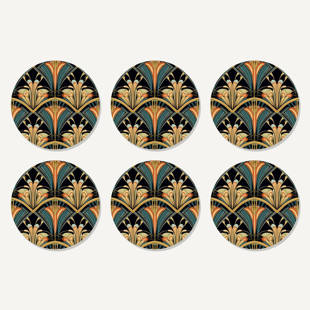 Flat lay of the art deco fan pattern artwork on six round coasters