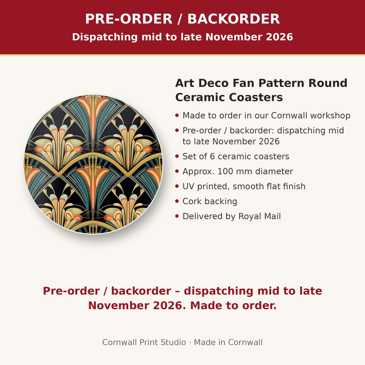 Info card: Art Deco Fan Pattern Round Ceramic Coasters – Set of 6, made to order, dispatching mid to late November 2026, delivered by Royal Mail