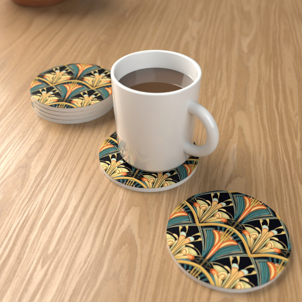 Art Deco Fan Pattern Round Ceramic Coasters – Set of 6 – lifestyle mockup with a mug of coffee