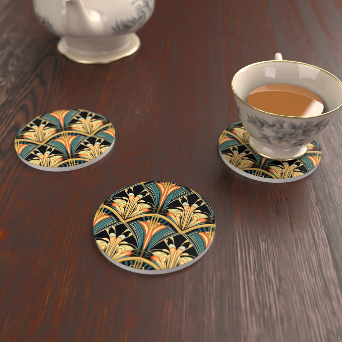 Art Deco Fan Pattern Round Ceramic Coasters – Set of 6 – lifestyle mockup with a teacup
