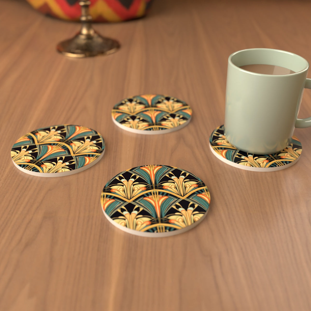 Art Deco Fan Pattern Round Ceramic Coasters – Set of 6 – cosy lifestyle mockup