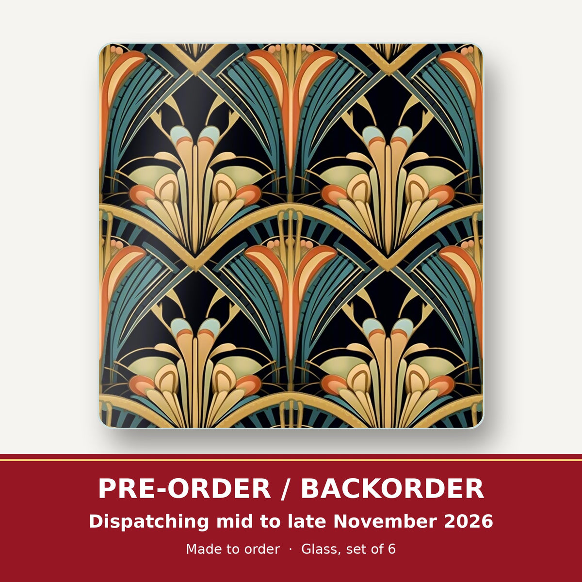 Art Deco Fan Pattern square glass coaster set of 6 – pre-order / backorder, dispatching mid to late November 2026