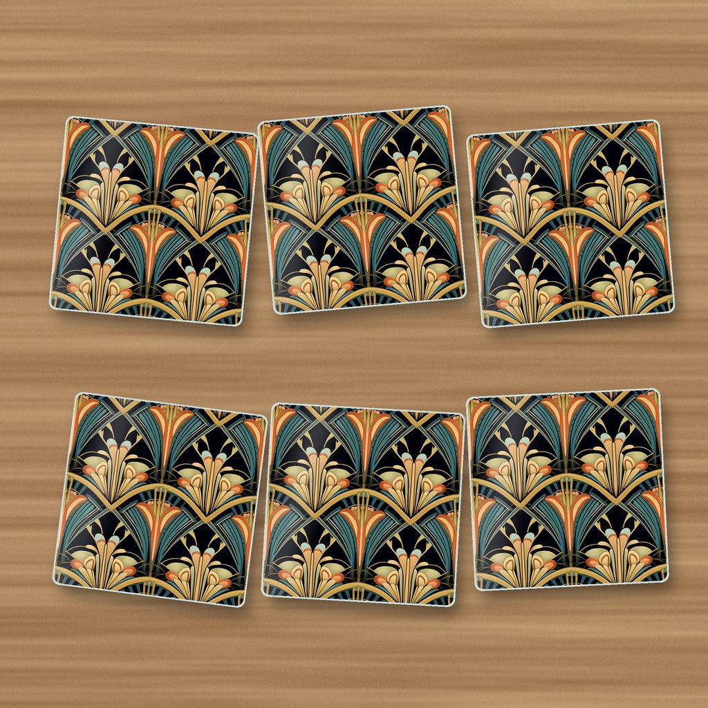 Art Deco Fan Pattern square glass coasters, set of 6, on an oak coffee table