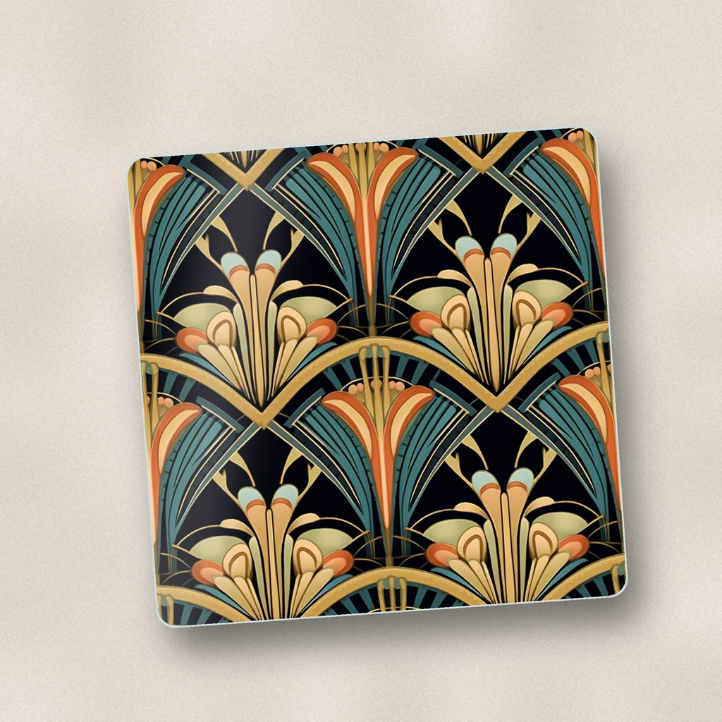 Close-up of one art deco fan pattern square glass coaster, flat UV print