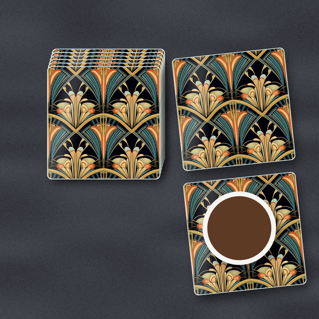 Art Deco Fan Pattern square glass coasters stacked on a slate kitchen worktop