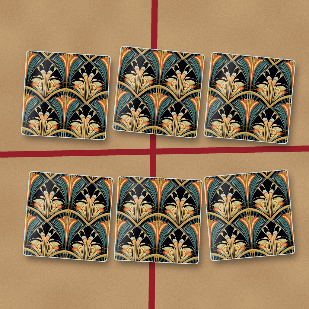 Art Deco Fan Pattern square glass coasters on kraft gift wrap