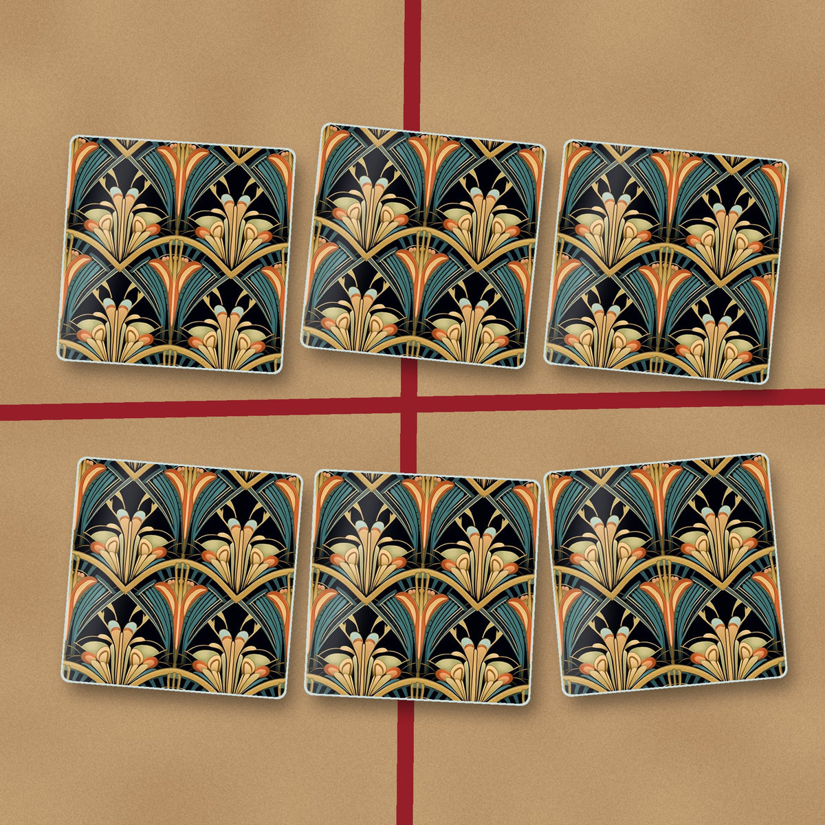 Art Deco Fan Pattern square glass coasters on kraft gift wrap