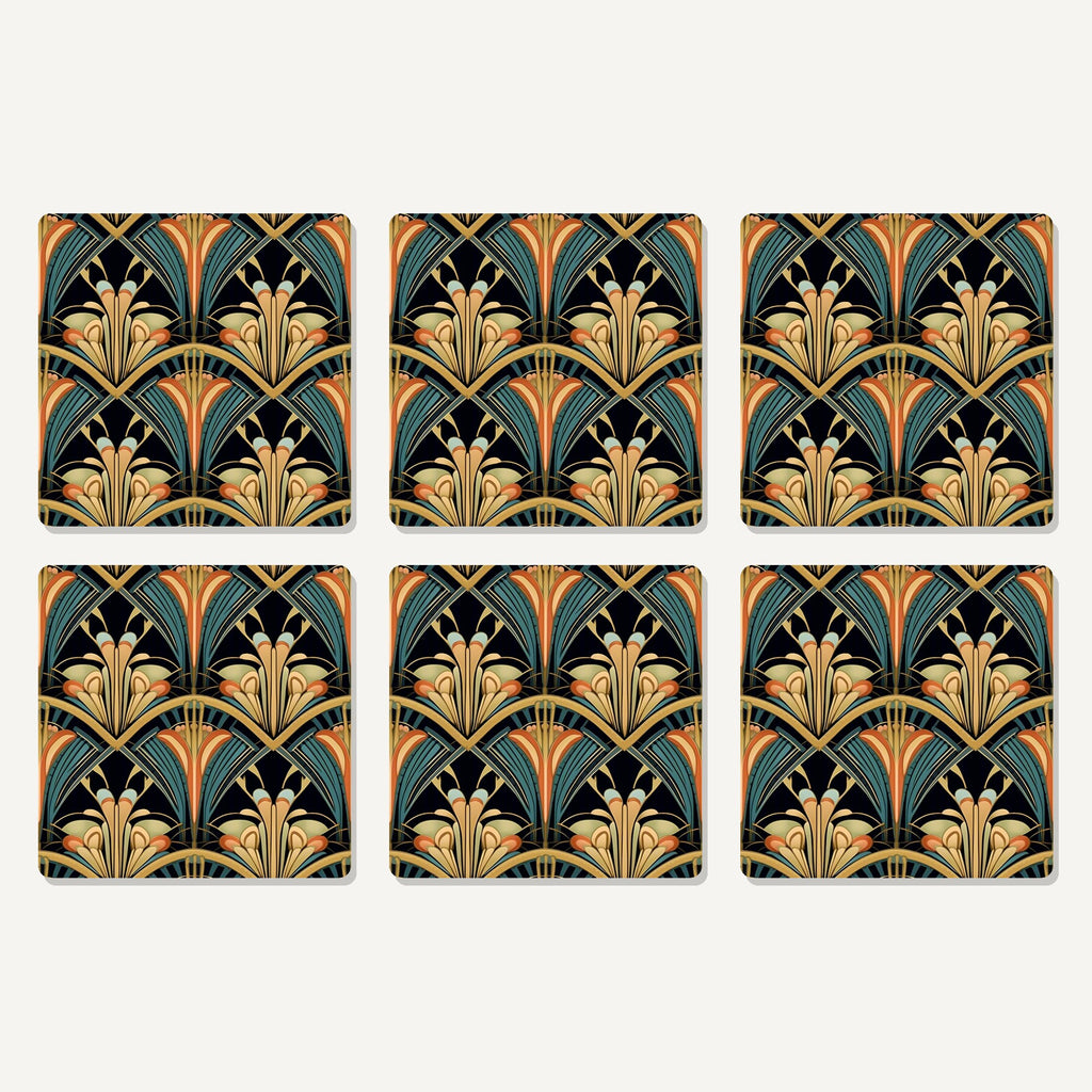 Flat lay of the art deco fan pattern artwork on six square coasters