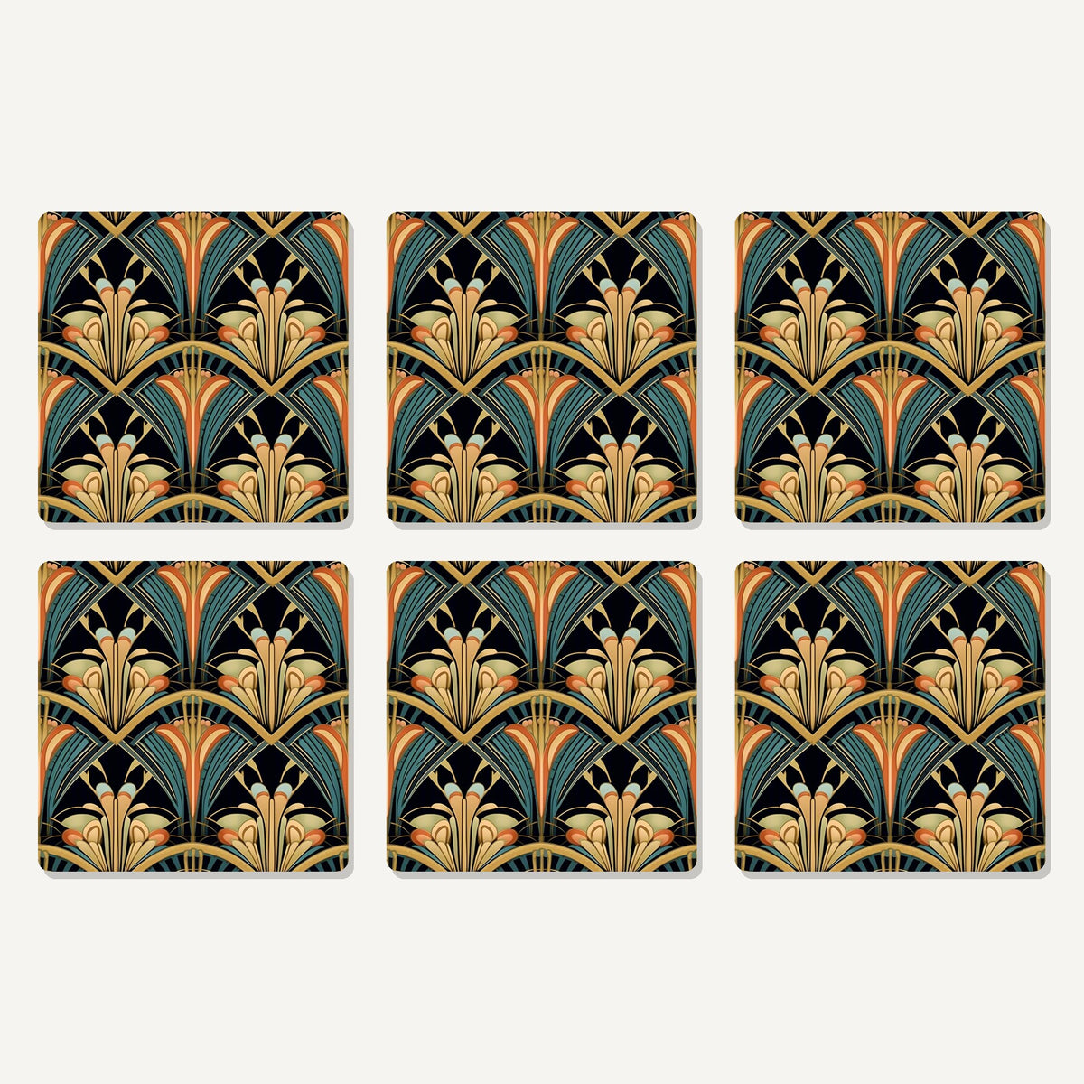 Flat lay of the art deco fan pattern artwork on six square coasters