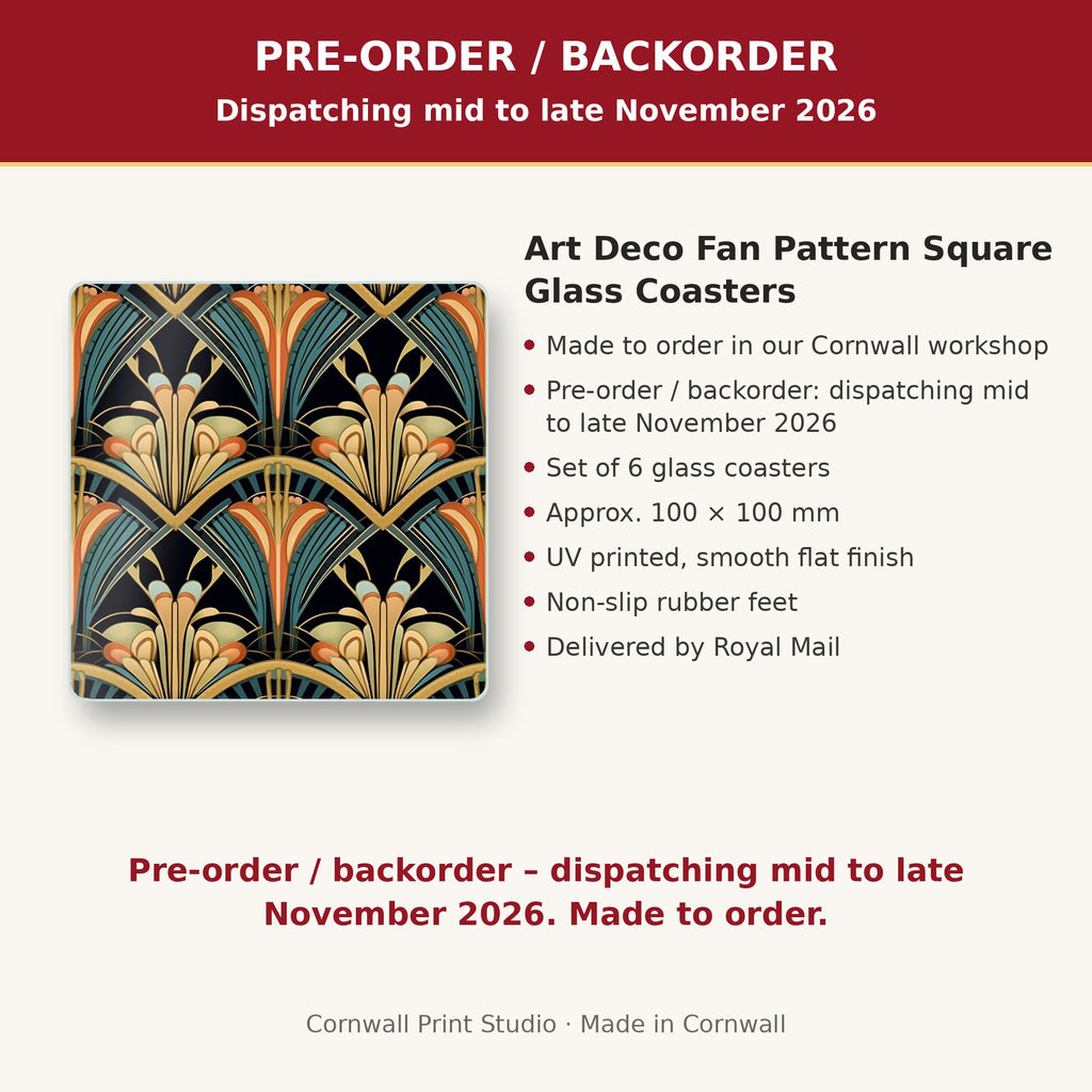 Info card: Art Deco Fan Pattern Square Glass Coasters – Set of 6, made to order, dispatching mid to late November 2026, delivered by Royal Mail