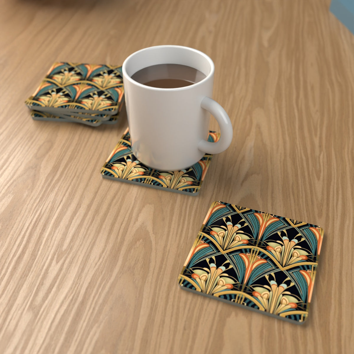 Art Deco Fan Pattern Square Glass Coasters – Set of 6 – lifestyle mockup with a mug of coffee