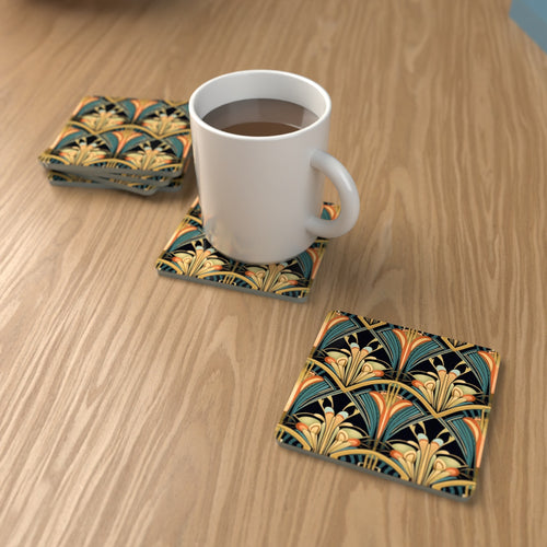Art Deco Fan Pattern Square Glass Coasters – Set of 6 – lifestyle mockup with a mug of coffee