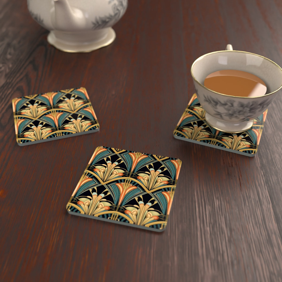 Art Deco Fan Pattern Square Glass Coasters – Set of 6 – lifestyle mockup with a teacup