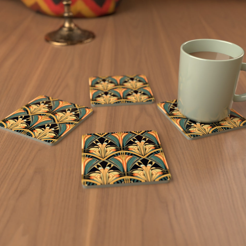 Art Deco Fan Pattern Square Glass Coasters – Set of 6 – cosy lifestyle mockup