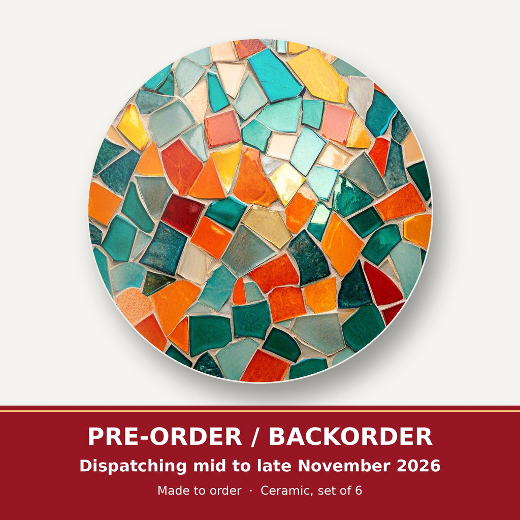 Teal & Orange Mosaic round ceramic coaster set of 6 – pre-order / backorder, dispatching mid to late November 2026