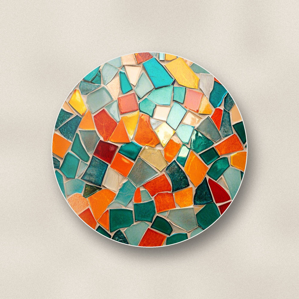 Close-up of one teal & orange mosaic round ceramic coaster, flat UV print
