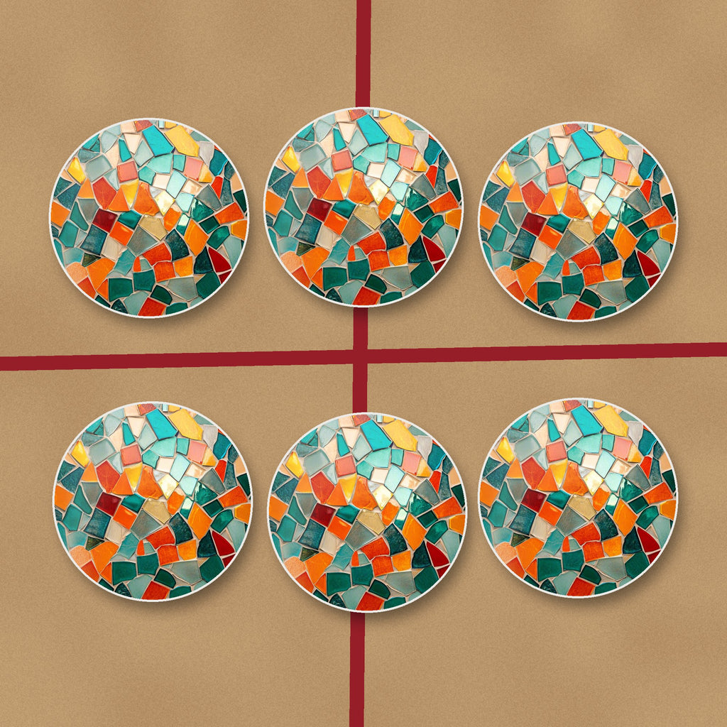 Teal & Orange Mosaic round ceramic coasters on kraft gift wrap