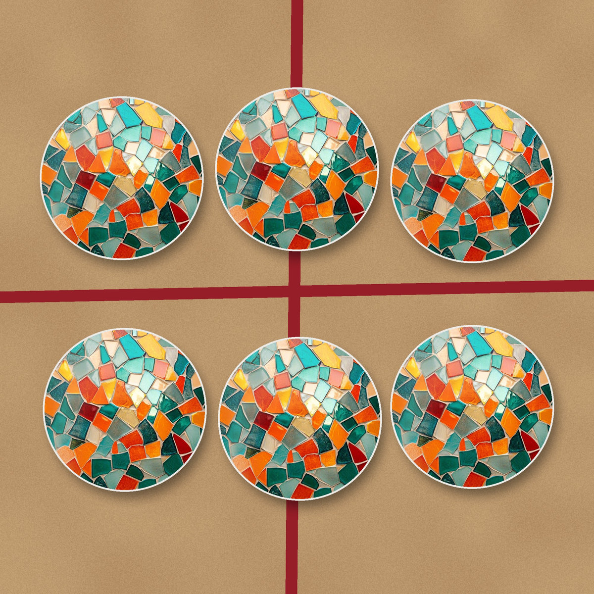 Teal & Orange Mosaic round ceramic coasters on kraft gift wrap