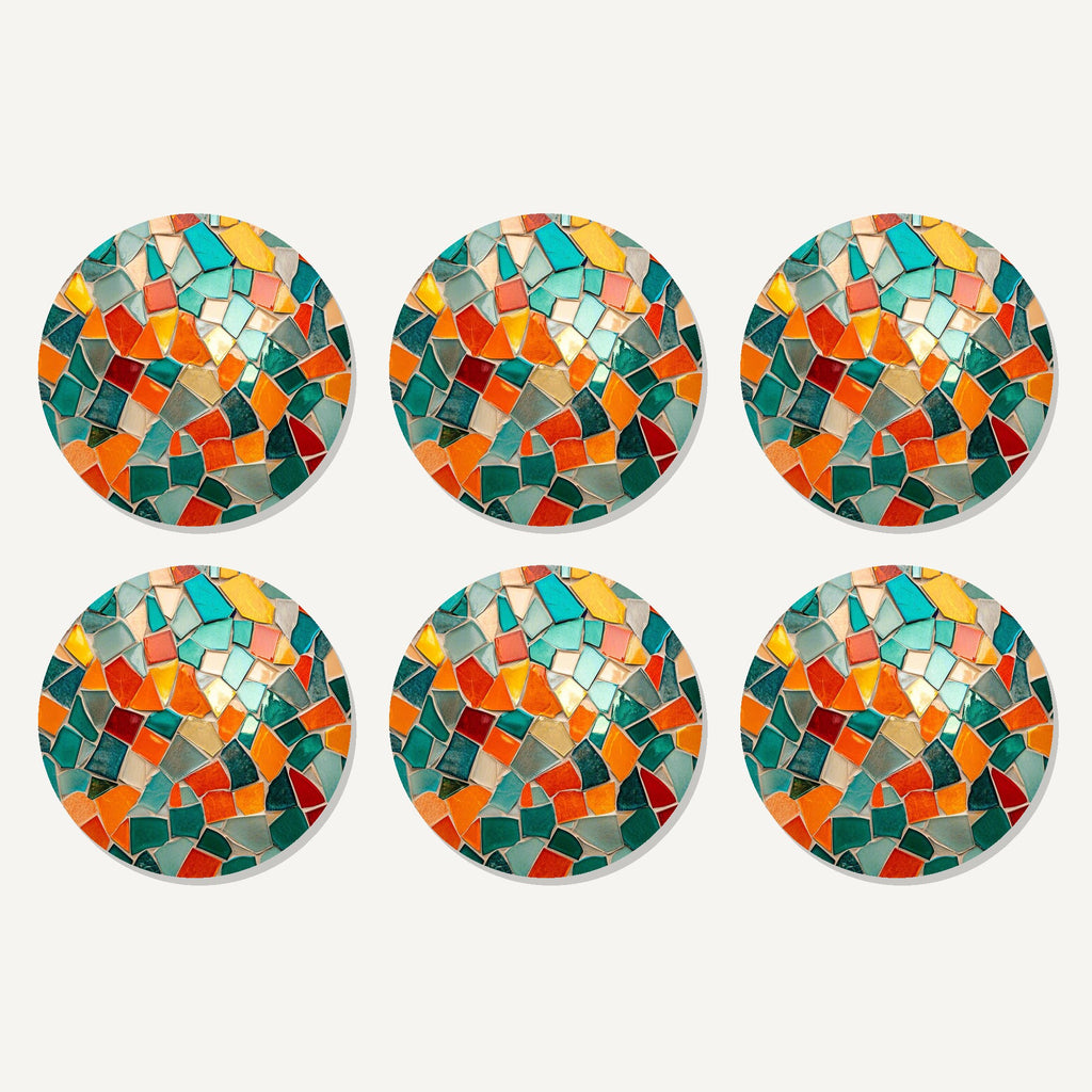 Flat lay of the teal & orange mosaic artwork on six round coasters