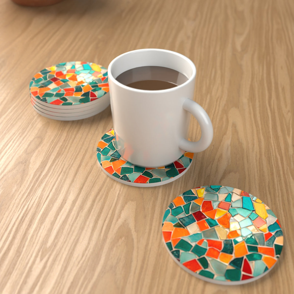 Teal & Orange Mosaic Round Ceramic Coasters – Set of 6 – lifestyle mockup with a mug of coffee