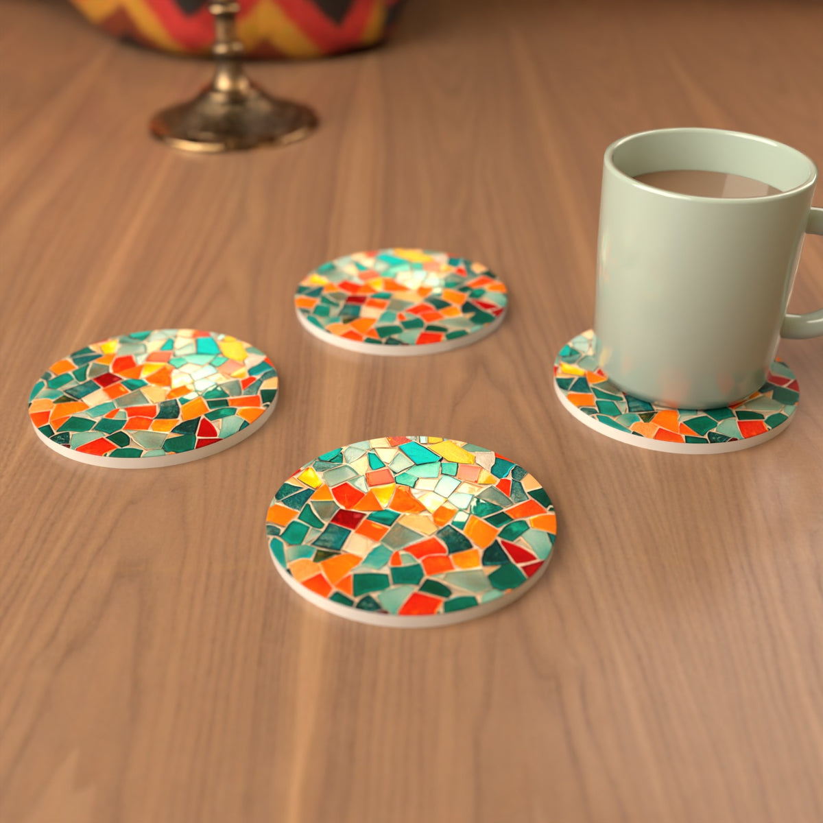 Teal & Orange Mosaic Round Ceramic Coasters – Set of 6 – cosy lifestyle mockup