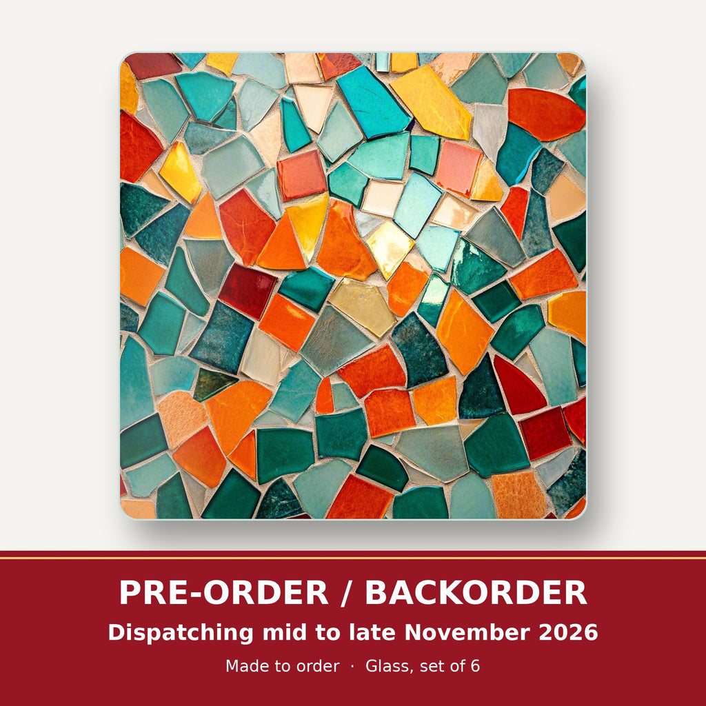Teal & Orange Mosaic square glass coaster set of 6 – pre-order / backorder, dispatching mid to late November 2026