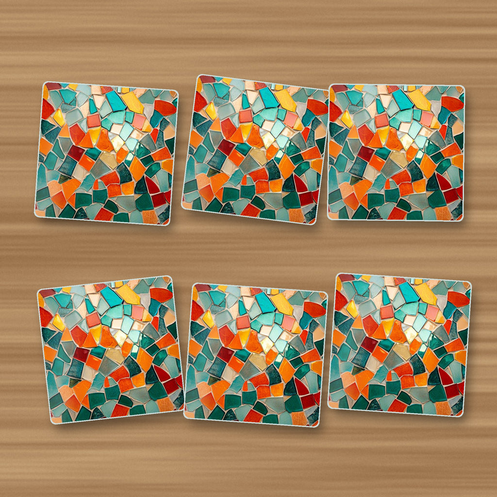 Teal & Orange Mosaic square glass coasters, set of 6, on an oak coffee table