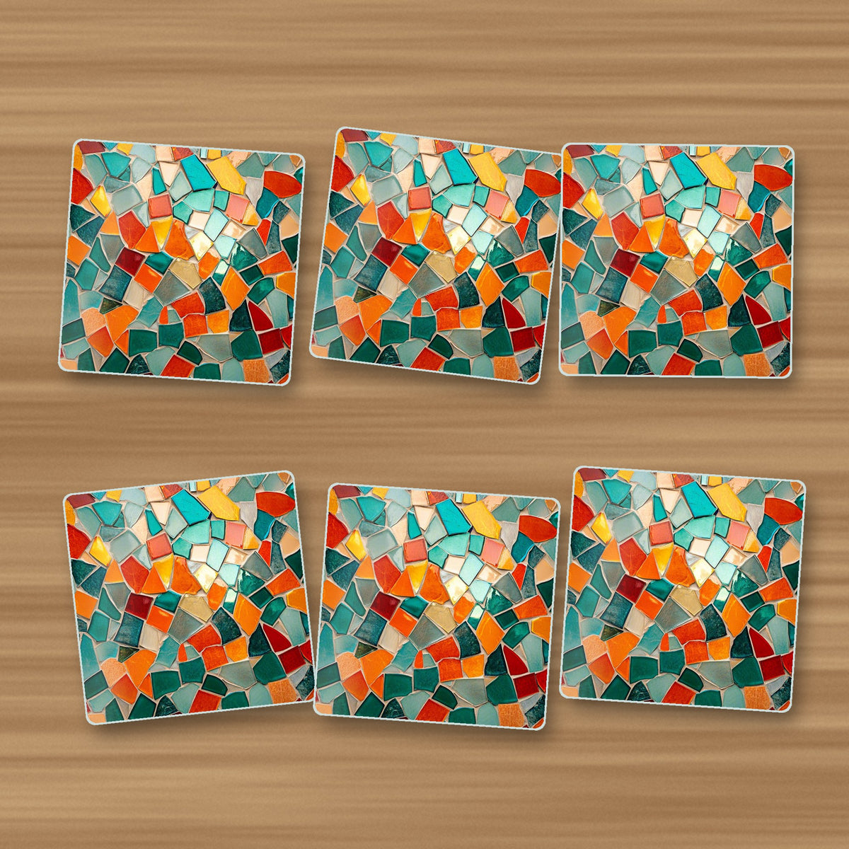 Teal & Orange Mosaic square glass coasters, set of 6, on an oak coffee table