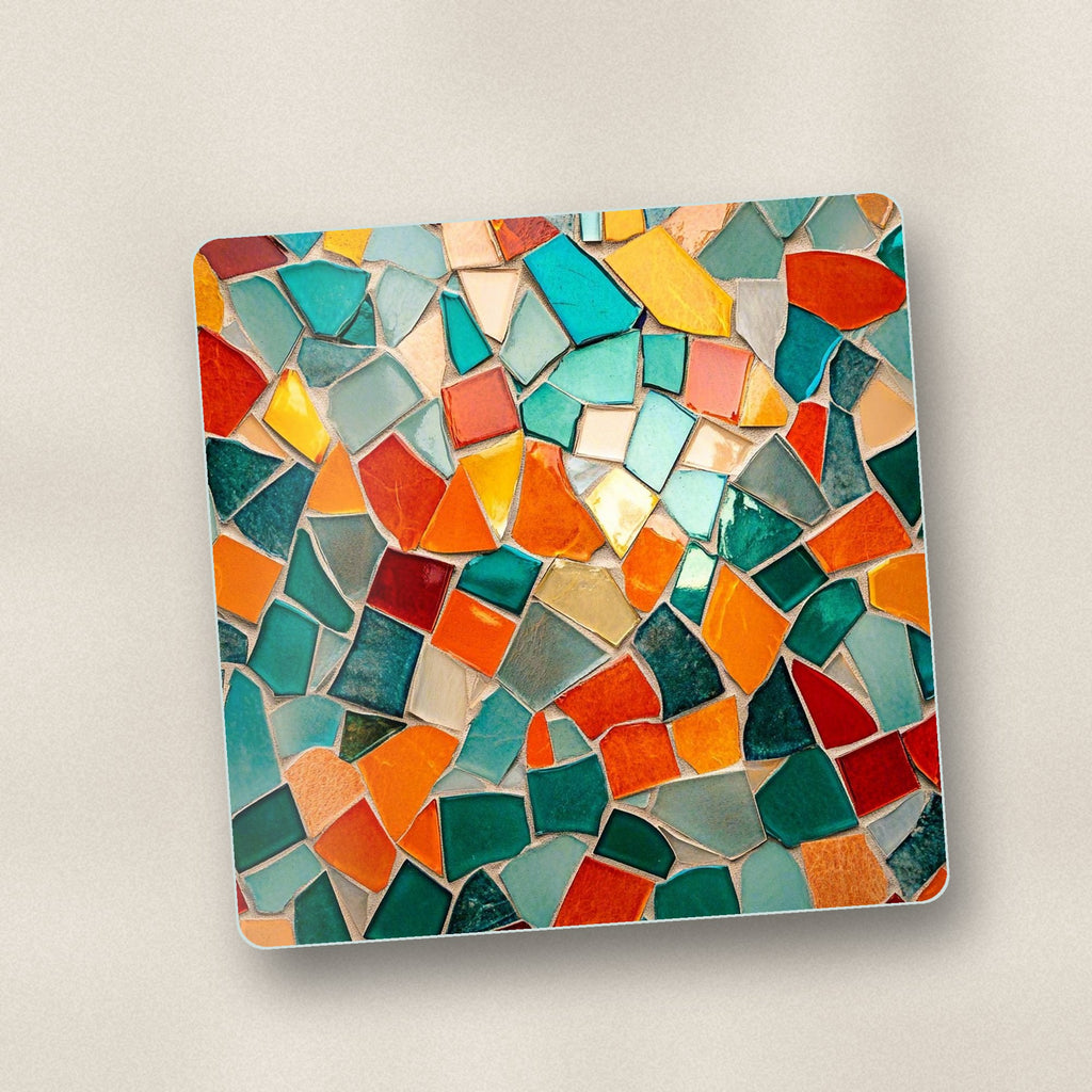Close-up of one teal & orange mosaic square glass coaster, flat UV print