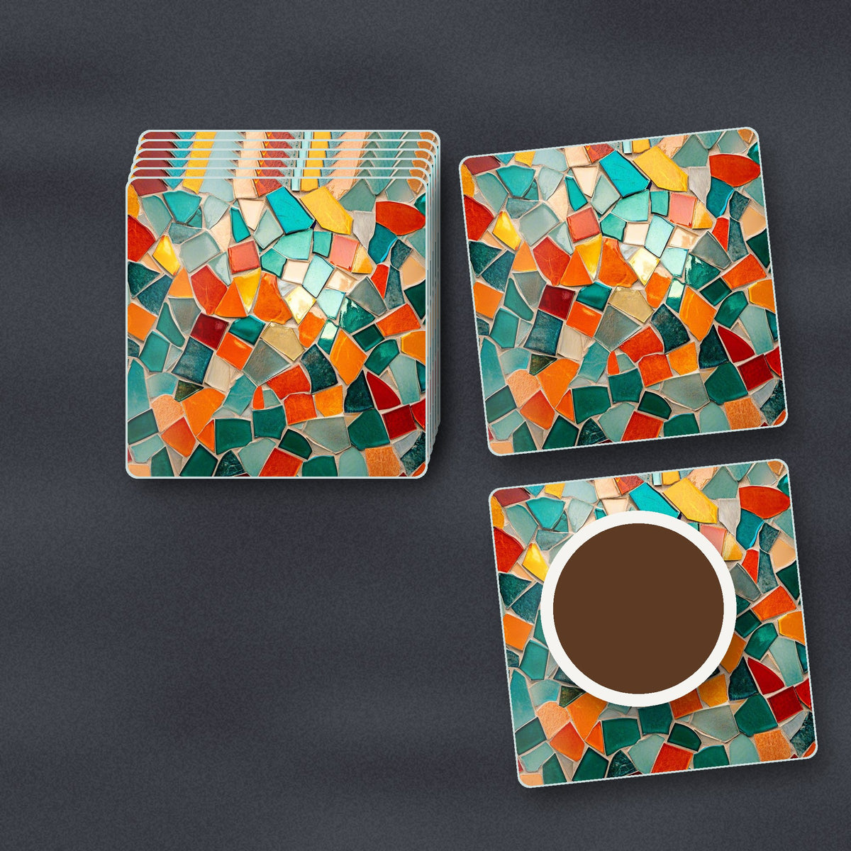 Teal & Orange Mosaic square glass coasters stacked on a slate kitchen worktop