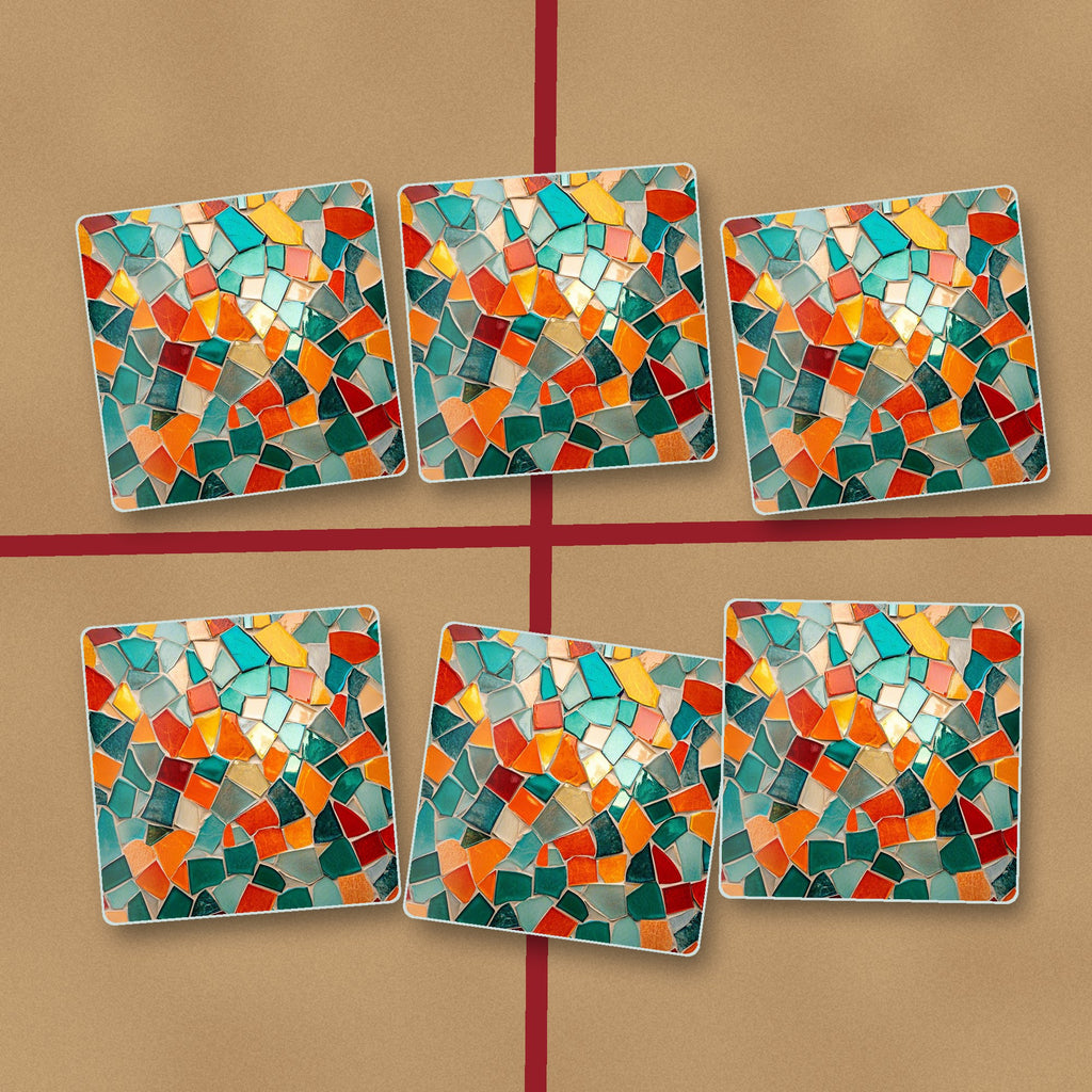 Teal & Orange Mosaic square glass coasters on kraft gift wrap
