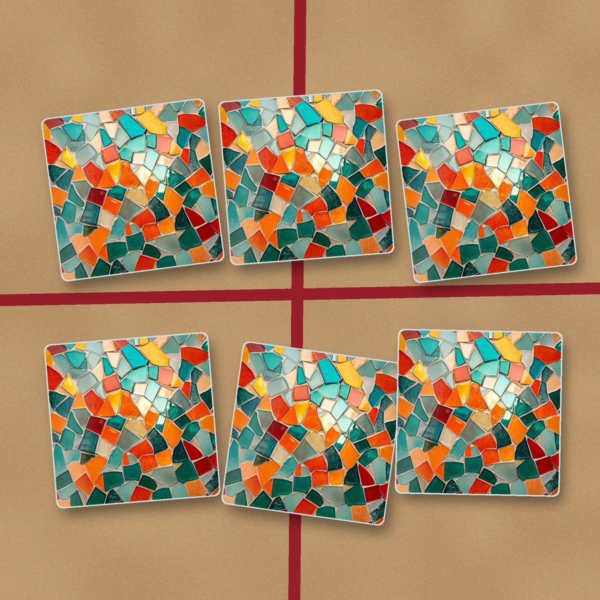 Teal & Orange Mosaic square glass coasters on kraft gift wrap