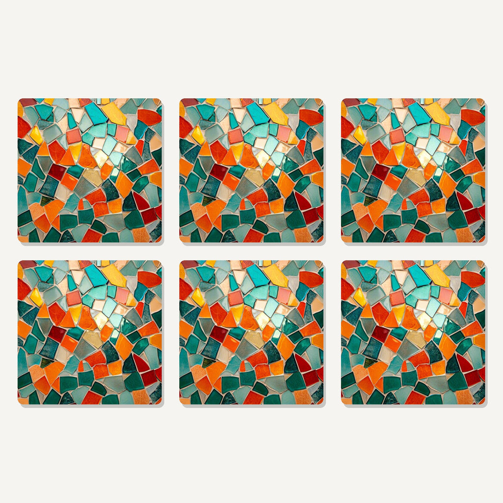 Flat lay of the teal & orange mosaic artwork on six square coasters