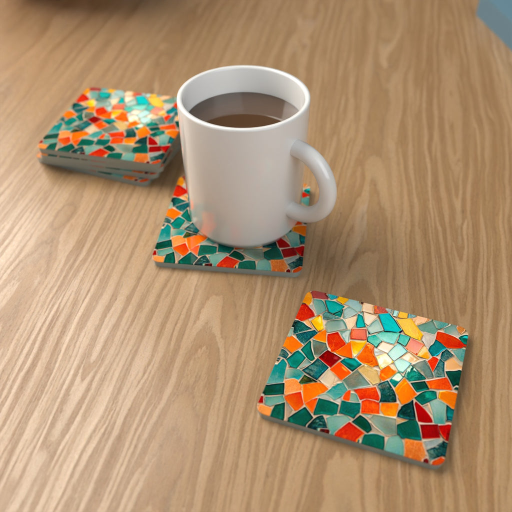 Teal & Orange Mosaic Square Glass Coasters – Set of 6 – lifestyle mockup with a mug of coffee