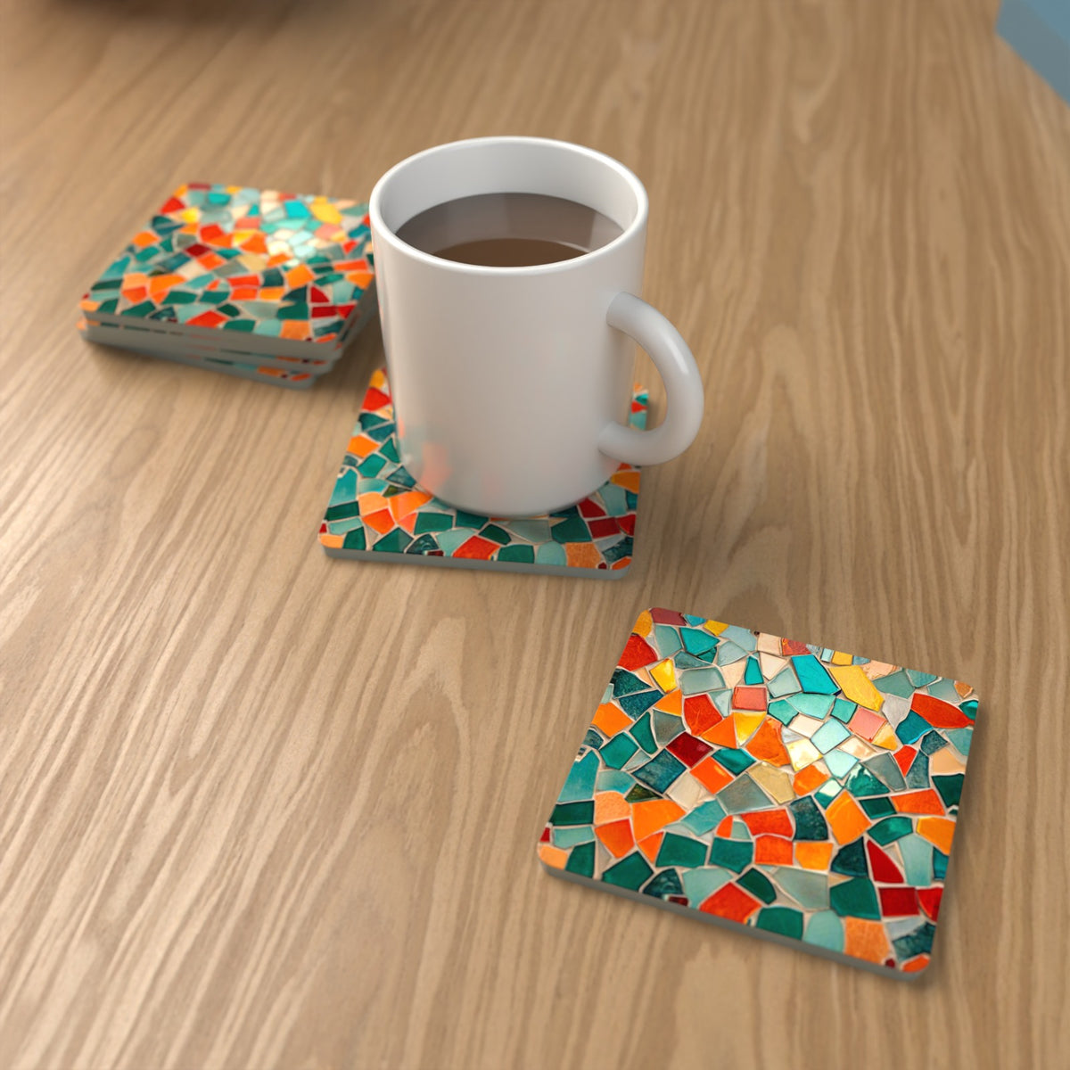 Teal & Orange Mosaic Square Glass Coasters – Set of 6 – lifestyle mockup with a mug of coffee