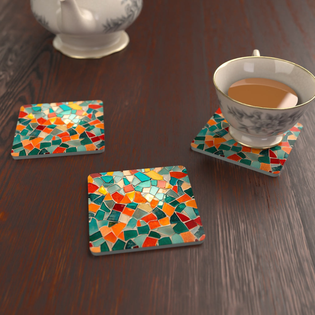 Teal & Orange Mosaic Square Glass Coasters – Set of 6 – lifestyle mockup with a teacup