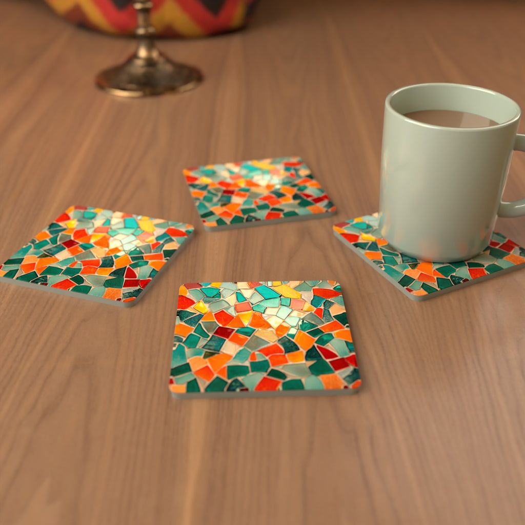 Teal & Orange Mosaic Square Glass Coasters – Set of 6 – cosy lifestyle mockup