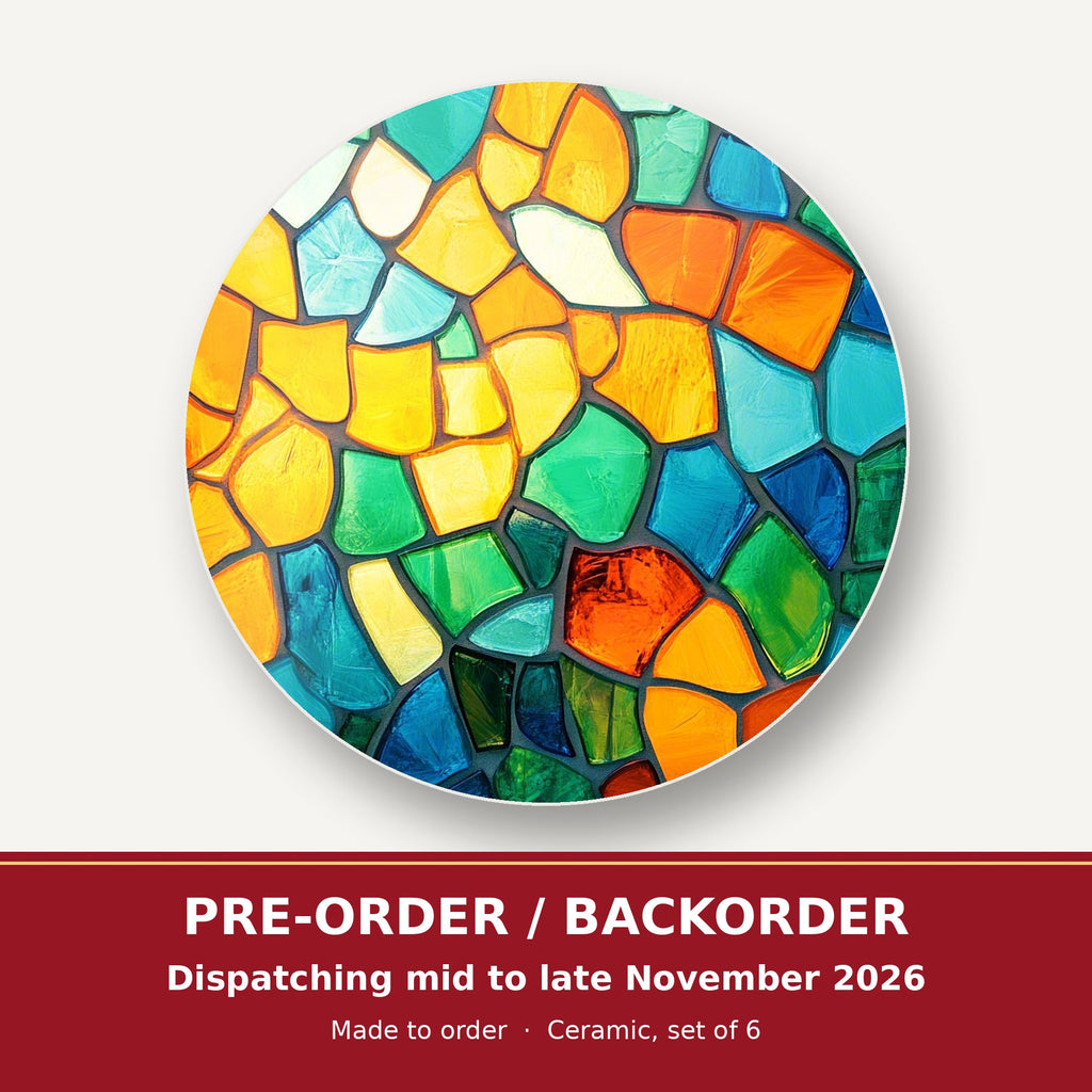 Sunny Stained Glass Mosaic round ceramic coaster set of 6 – pre-order / backorder, dispatching mid to late November 2026