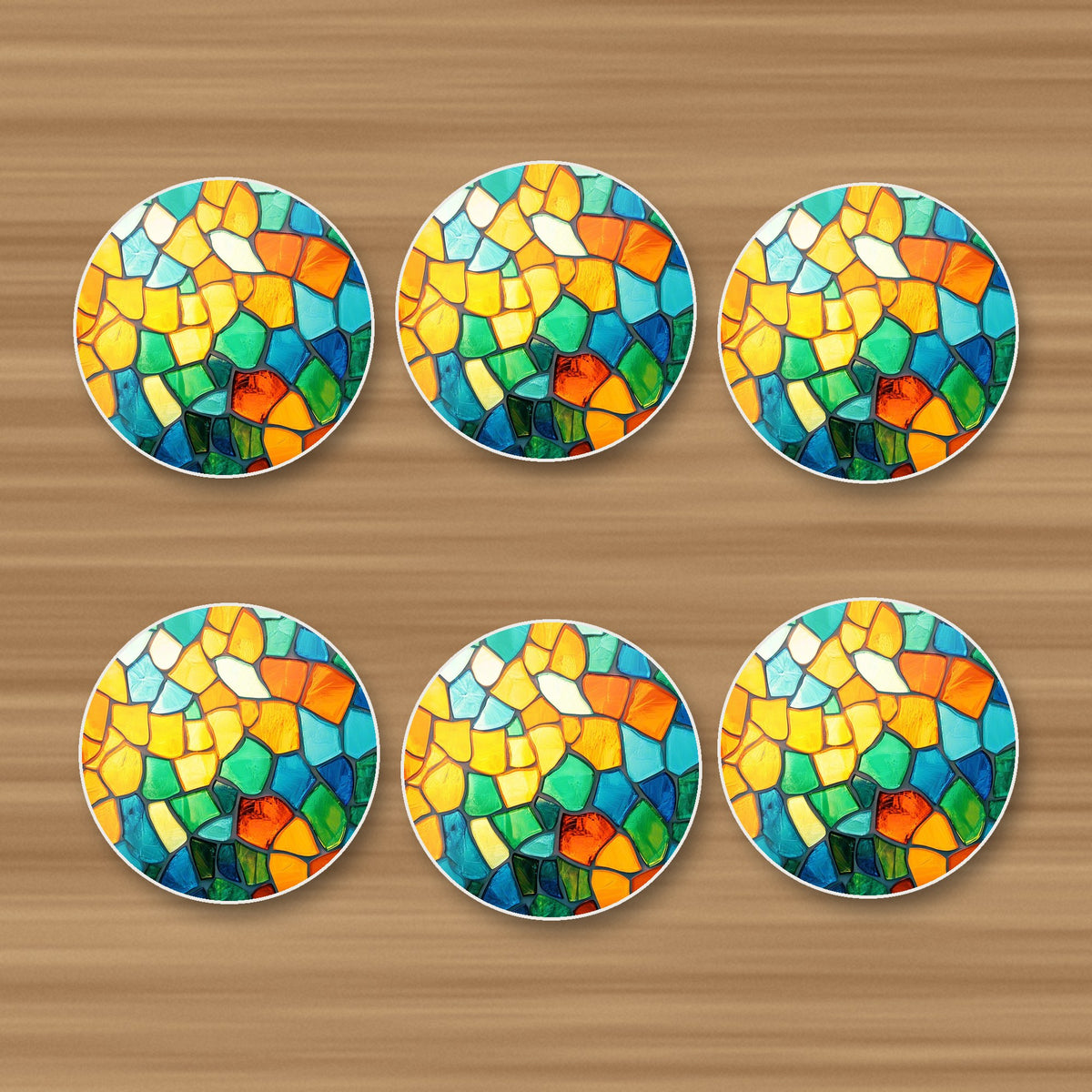 Sunny Stained Glass Mosaic round ceramic coasters, set of 6, on an oak coffee table