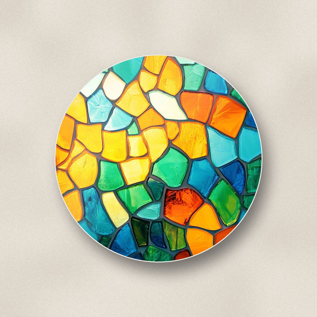 Close-up of one sunny stained glass mosaic round ceramic coaster, flat UV print