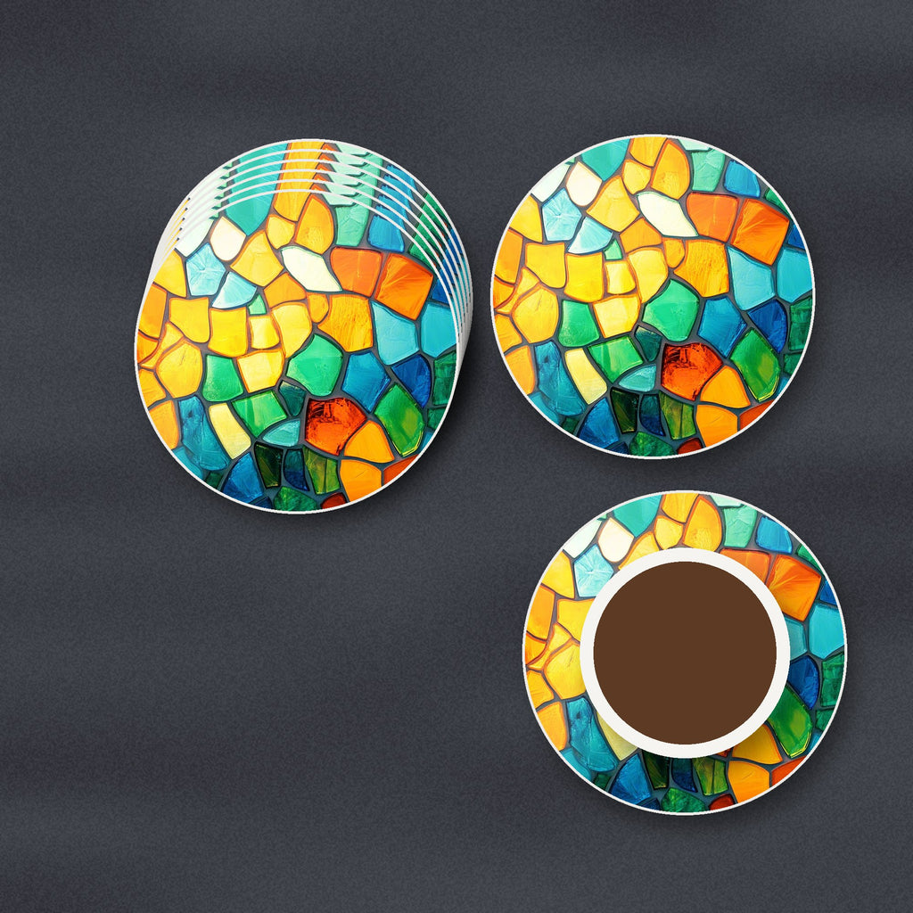 Sunny Stained Glass Mosaic round ceramic coasters stacked on a slate kitchen worktop