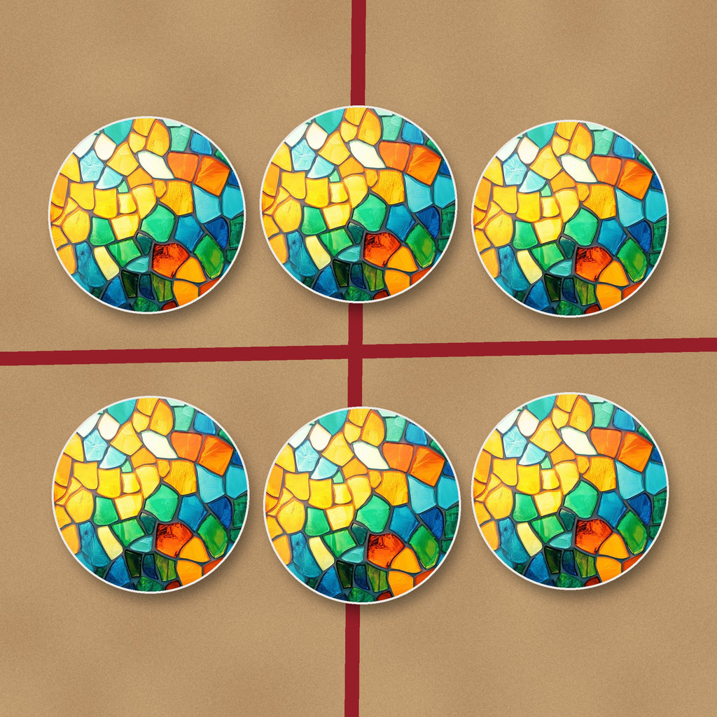 Sunny Stained Glass Mosaic round ceramic coasters on kraft gift wrap